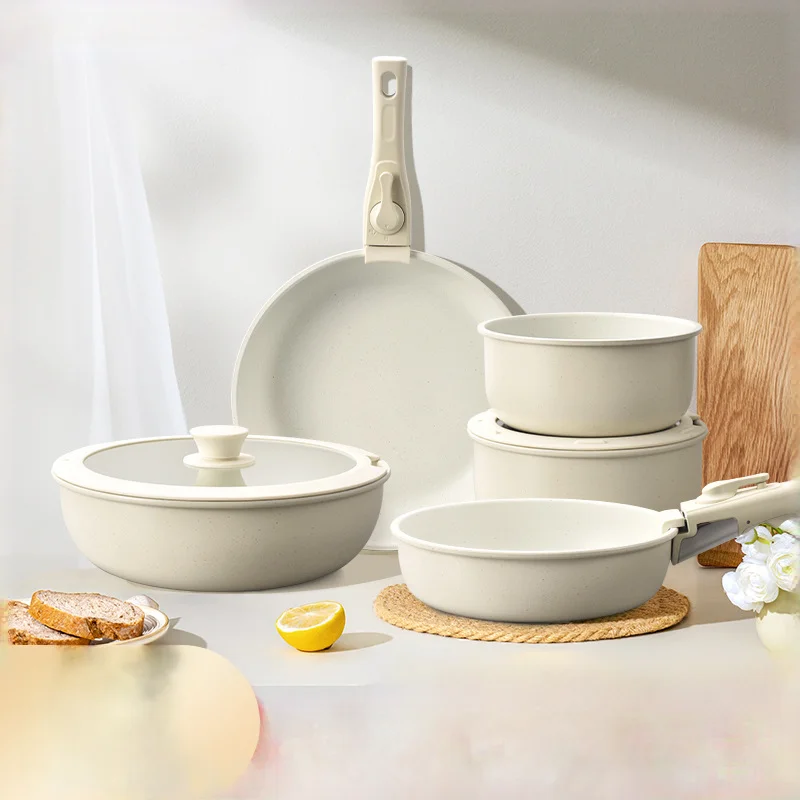 Ceramic Non Stick Cookware Set 5 Pieces Detachable Handle Induction Oven Dishwasher Safe Pots Pans Set Kitchenware Utensils Gift